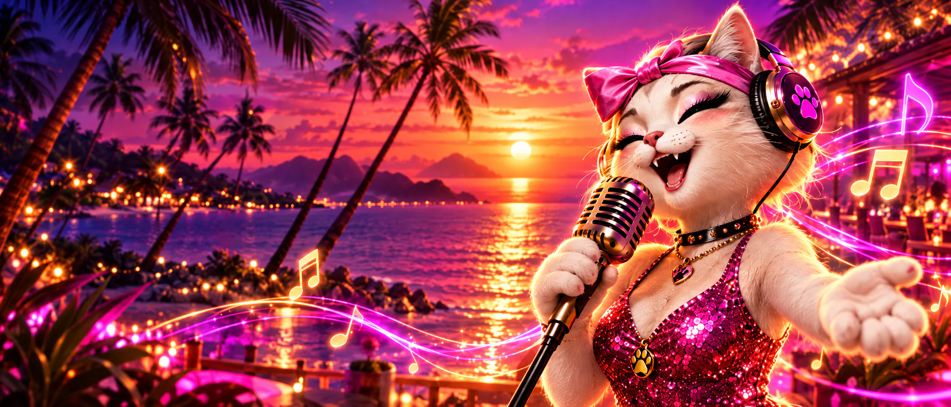 DJ Cat singer performing at a tropical beach sunset